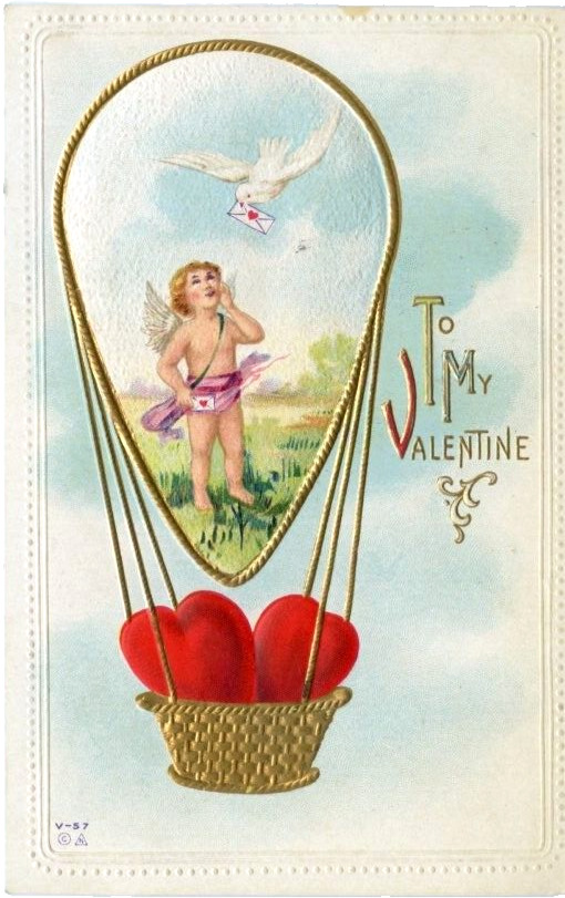 Antique Postcard My Valentine Cupid White Dove Hot Air Balloon Basket Heart 1910
