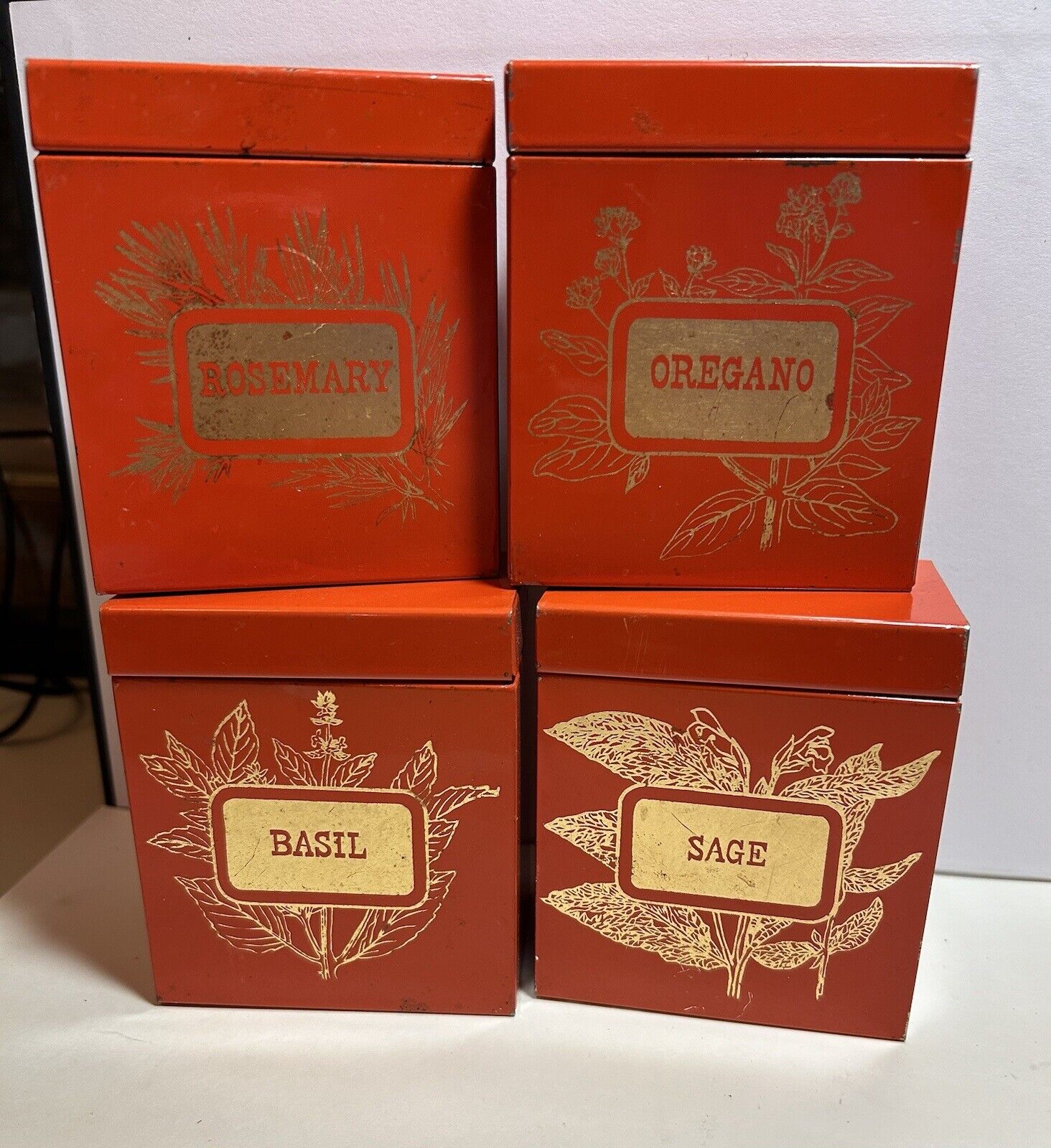 4 Vintage Mid Century MCM 50s Orange Gold Metal Spice Tin Set Basil Sage Oregano