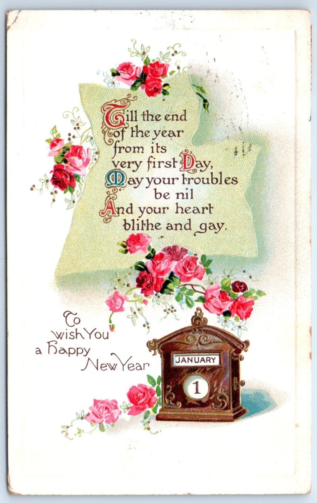 Happy New Year Postcard Embossed Till The End Clock January 1 Posted 1912 B112