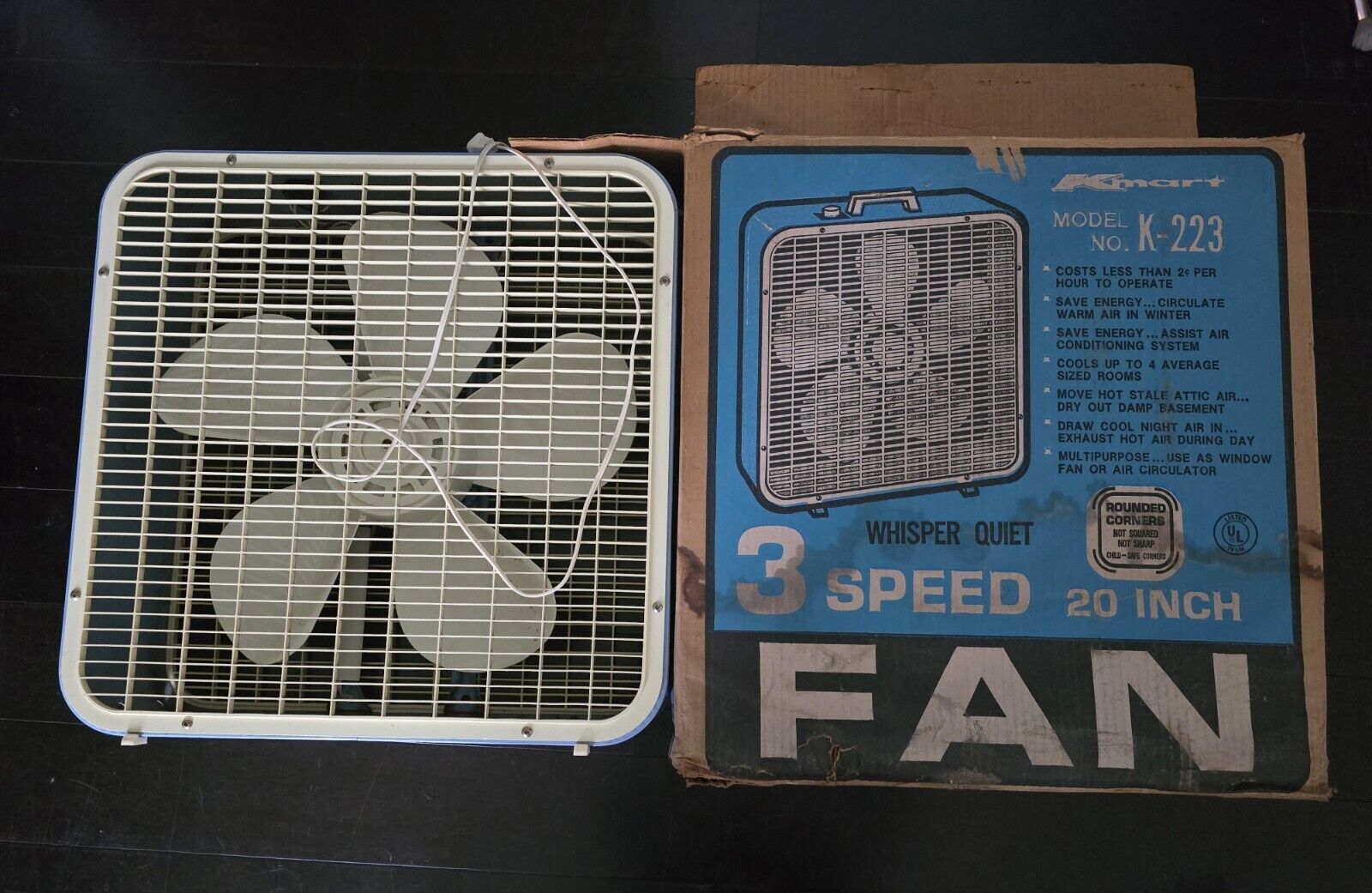 Vintage K-Mart 3 Speed 20-Inch Whisper Quiet Box Fan K-223 w/Original Box Old 
