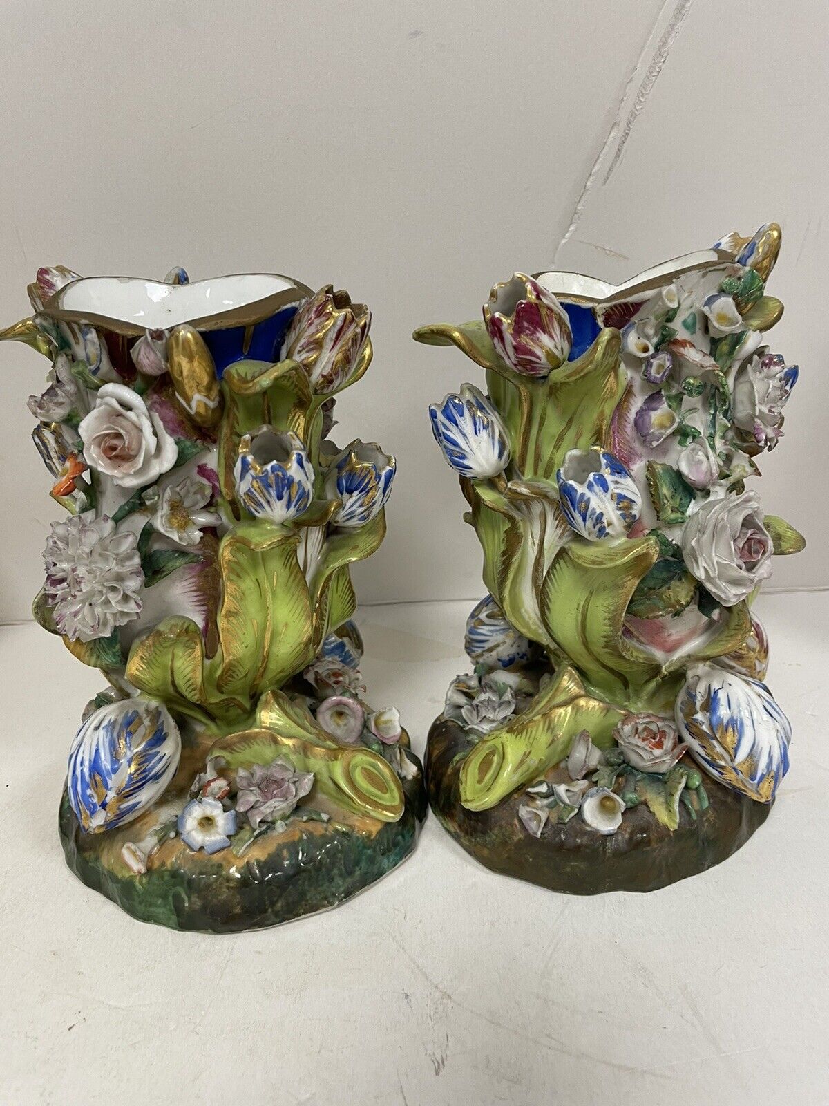 Jacob Petit flower Pair encrusted Vases 19 century French Green 18cm signed