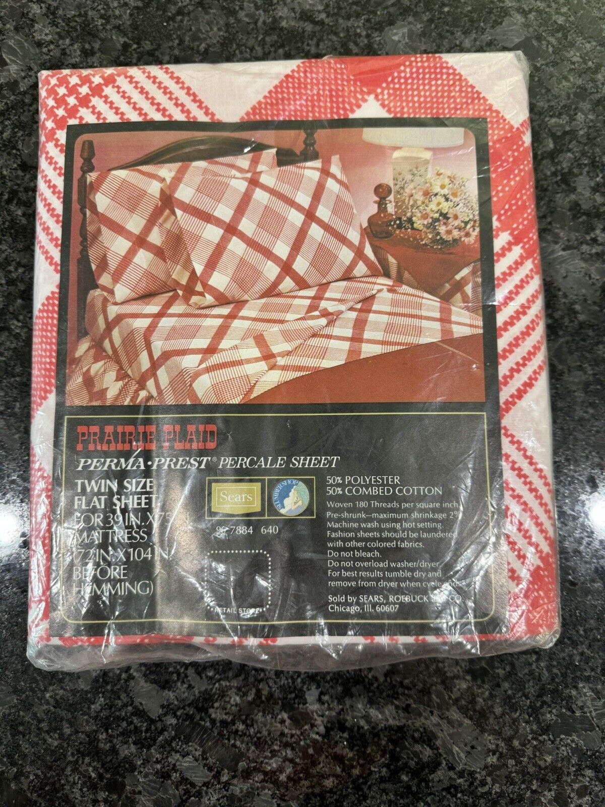 Vintage Sears Twin Size Flat Sheet Prairie Plaid Red Perma-Prest New in Package