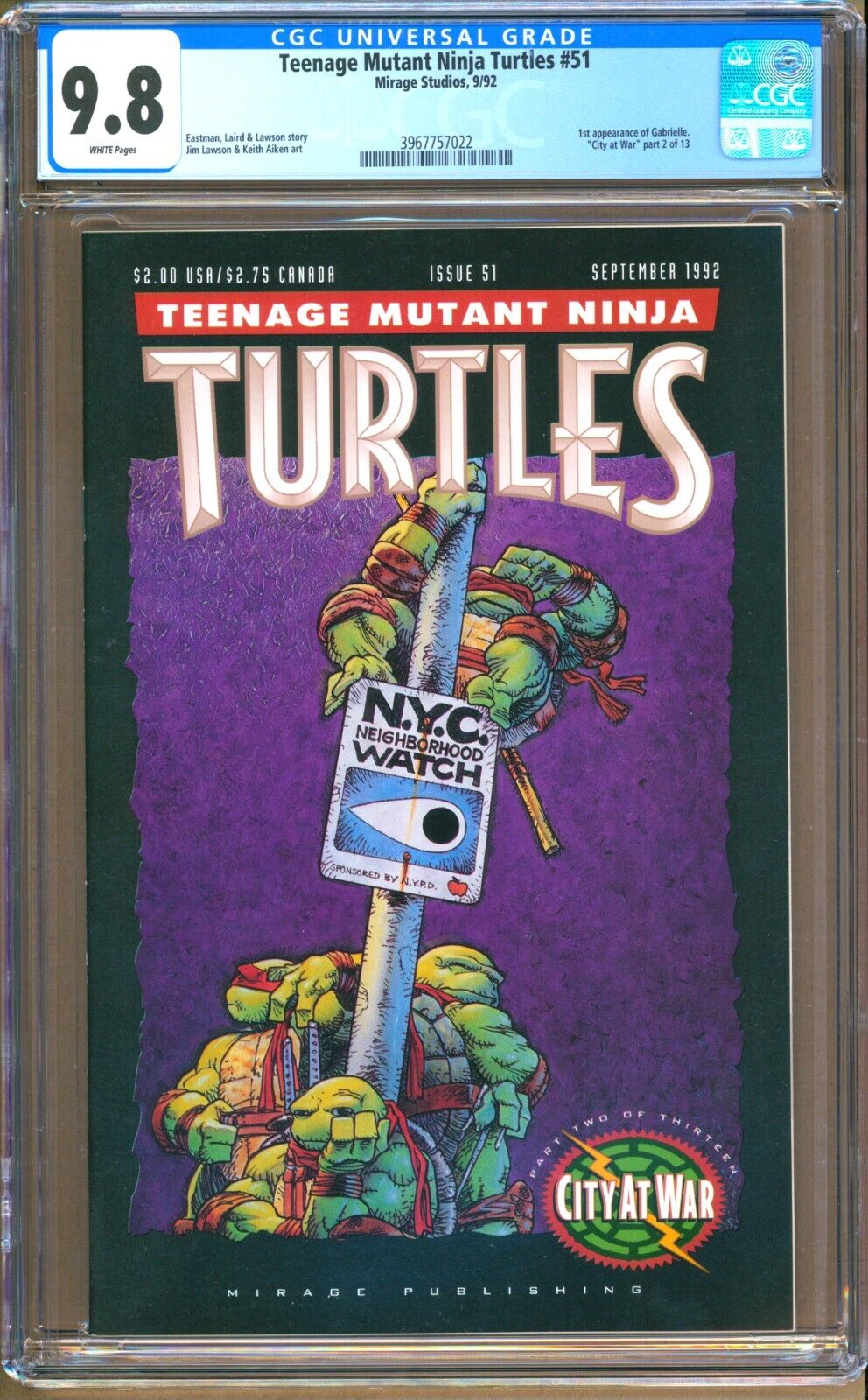 Teenage Mutant Ninja Turtles #51 (1992) CGC 9.8  WP Eastman 1st. \