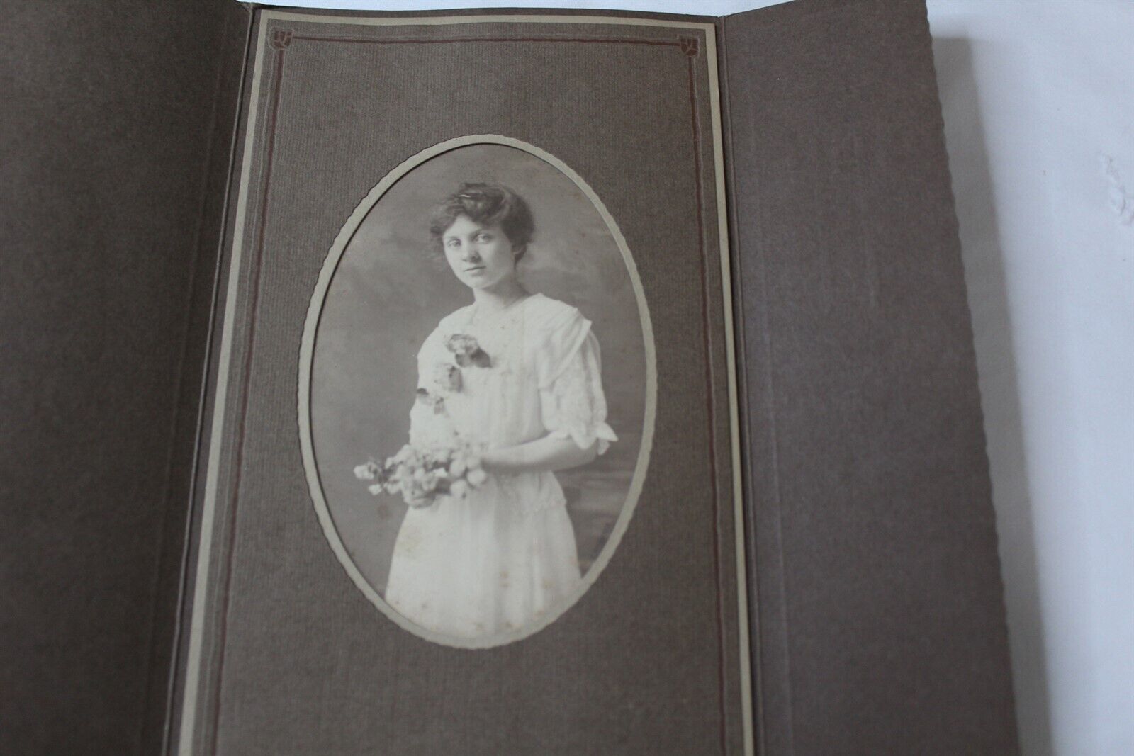 Antique Cabinet Photo In Folder Young Woman in Lace Dress With Flowers