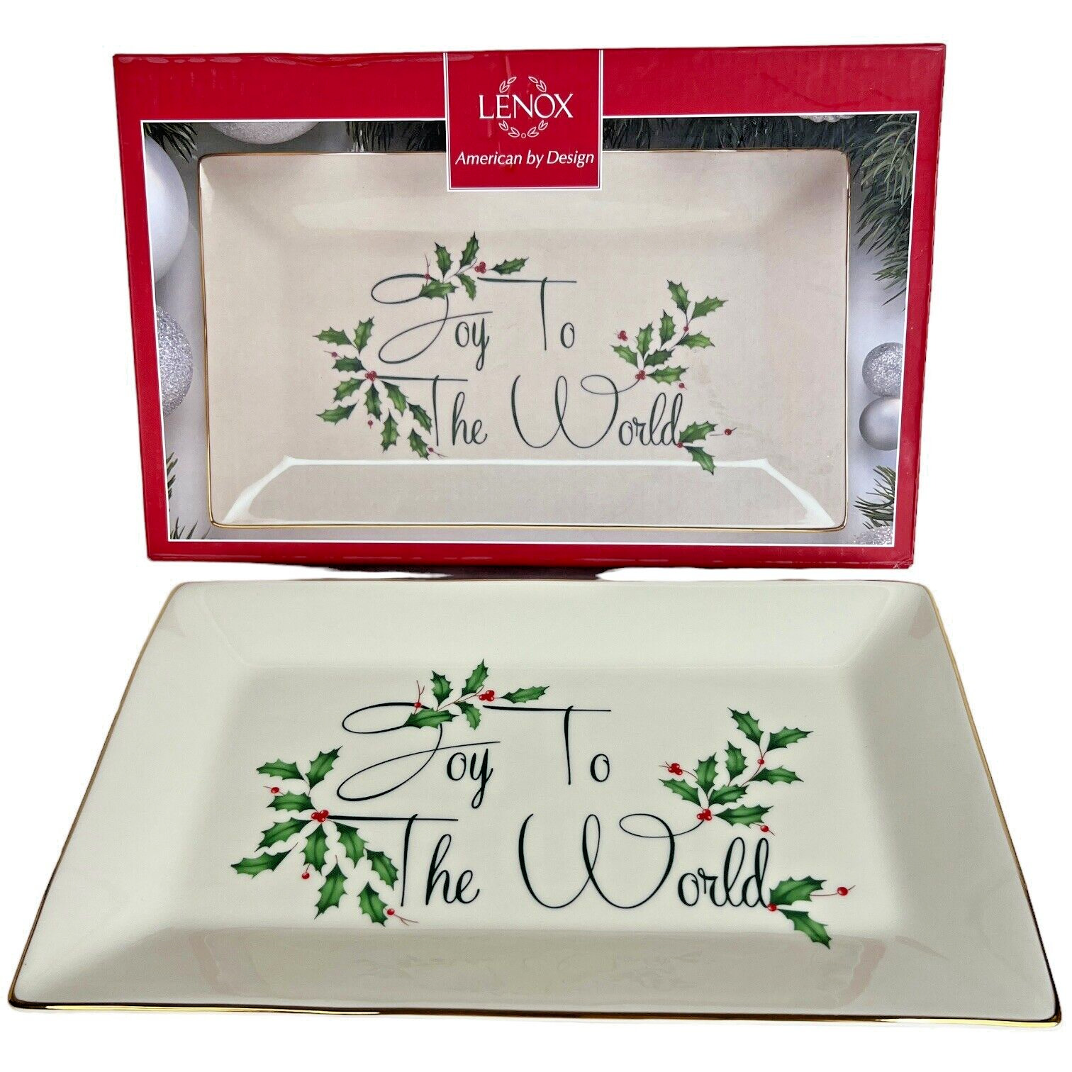 New Lenox Holiday Joy To The World Sentiment Tray Gold Trim Holly Berry In Box