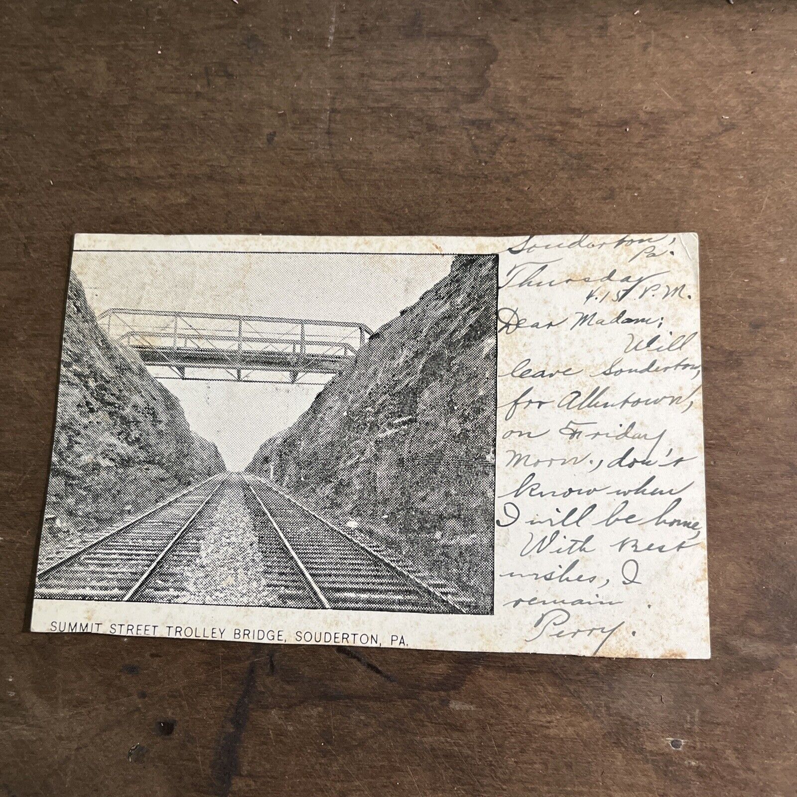 Antique Postcard Summit Street Trolley Bridge Souderton Pa H1