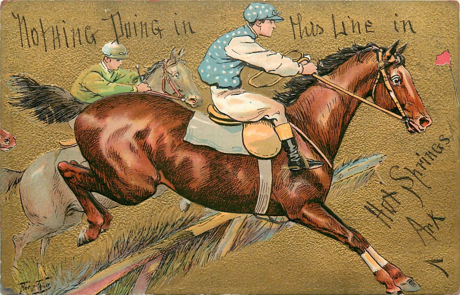 Embossed Postcard A/S Arthur Thiele Jockeys Horses Steeplechase, Gold background