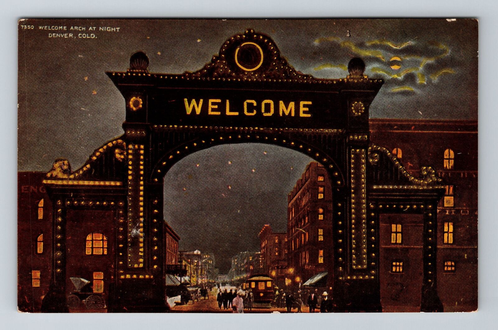 Denver CO-Colorado, Welcome Arch At Night, Moon Vintage Souvenir Postcard