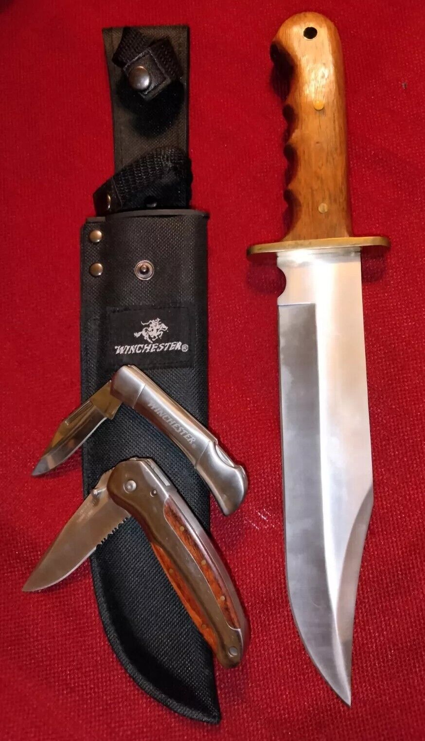 Winchester knives 3 pc lot: large bowie, 2 pocket knives, very good condition 