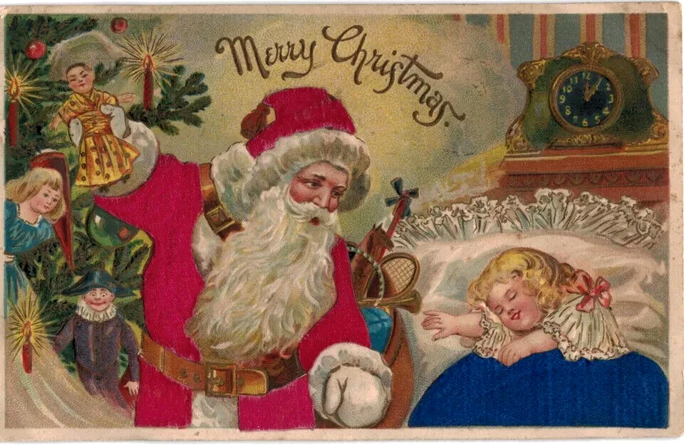 Silk Santa Claus ~Sleeping Child~Asian Doll~Toys~Antique Christmas Postcard~k269