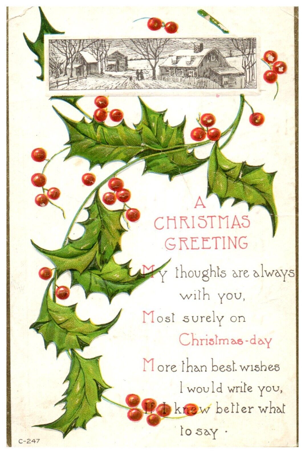 Christmas Greeting Village Holly Embossed Antique Postcard Posted c.1910