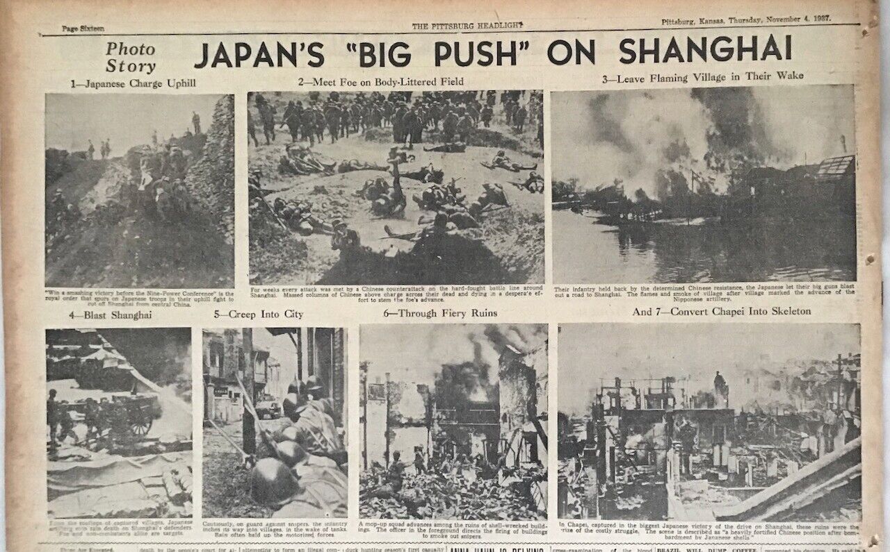 Large 1937 newspaper clipping Japan's Big Push on Shanghai, Pre-WW2 China attack