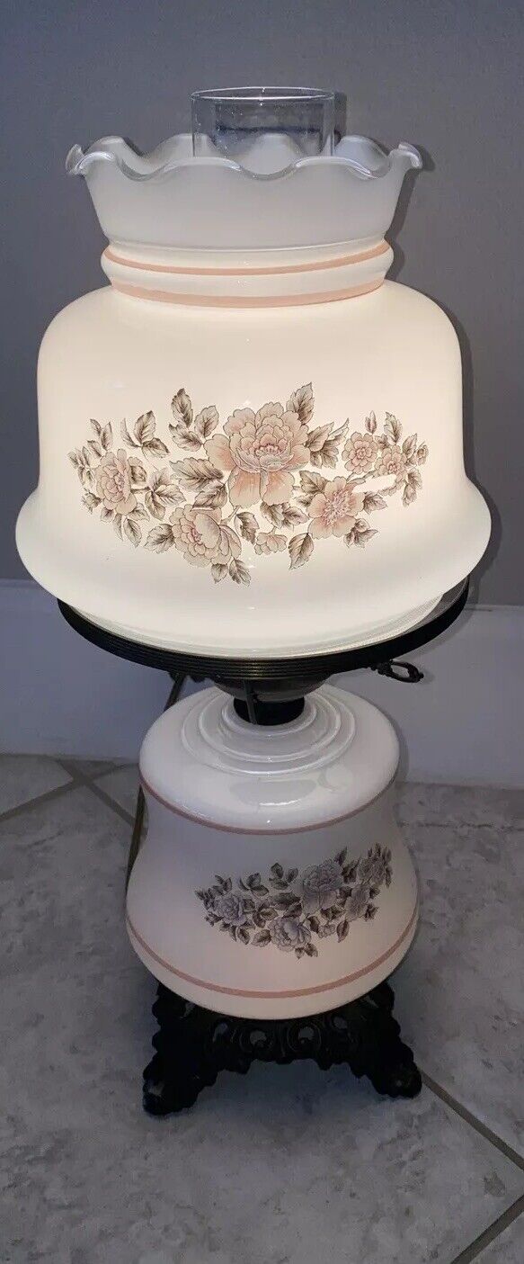 Vintage Gold, Pink, Tan, Blue And White Floral Design Hurricane Parlor Table Lam