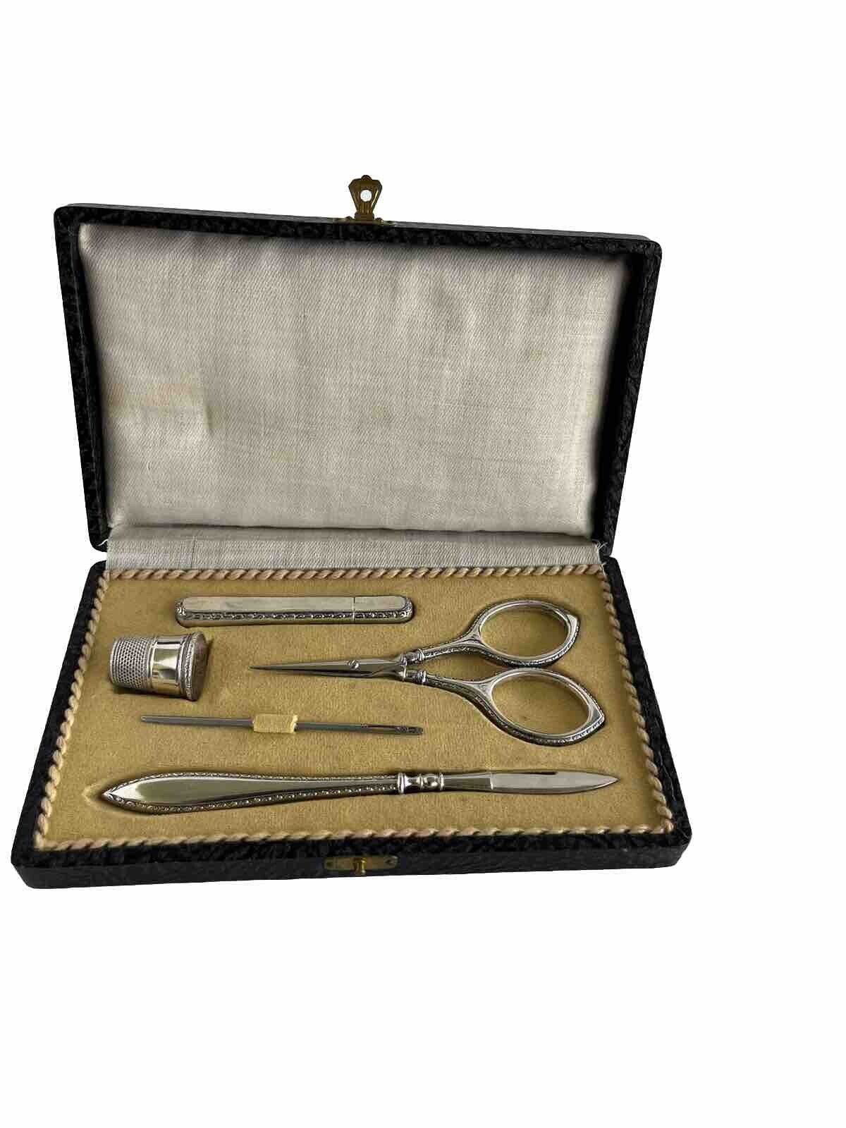 Vintage Victorian Silver Travel Sewing Set Scissors Thimble Needle Case Boxed