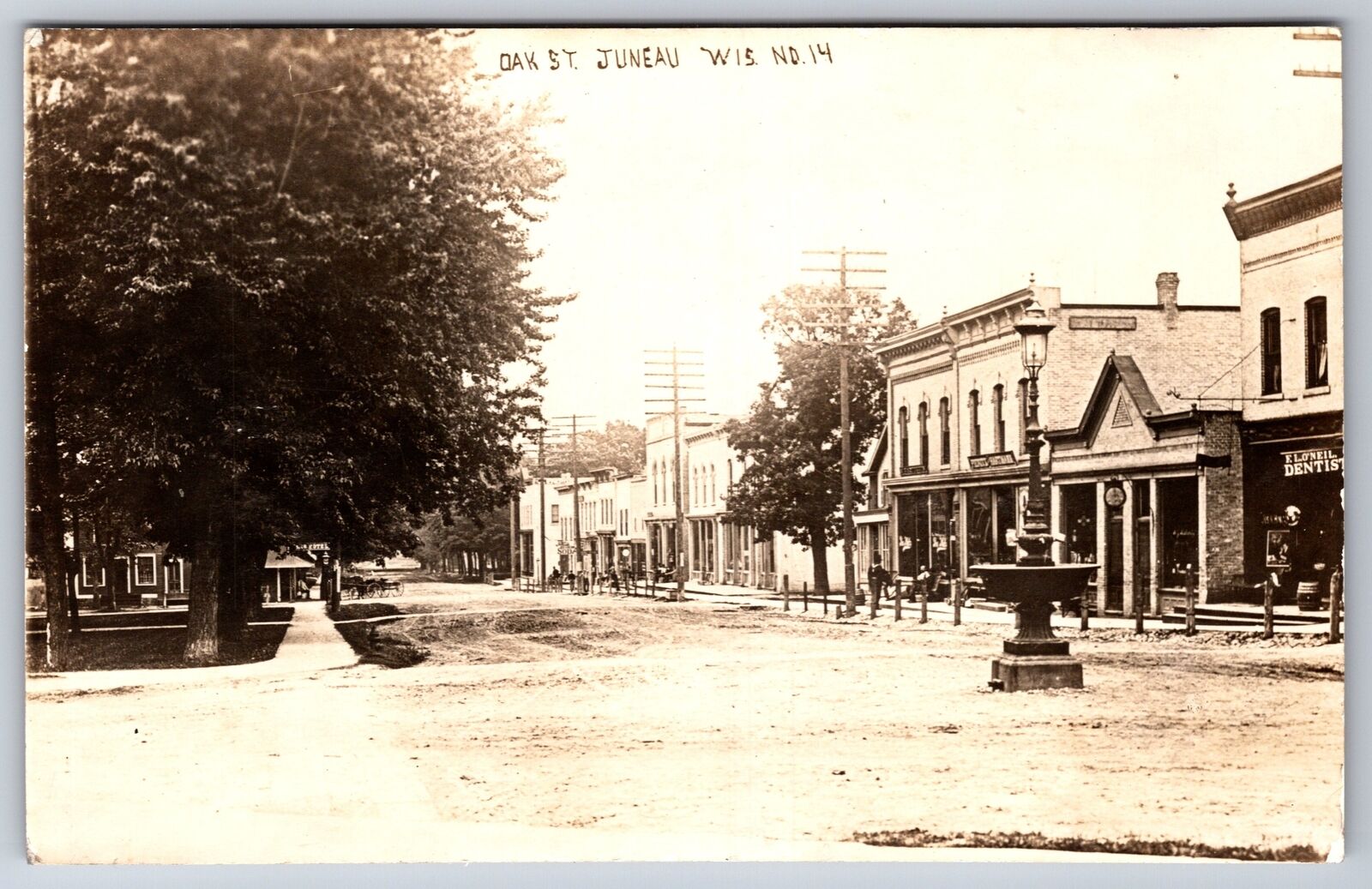 Juneau Wisconsin~Oak Street Horse Trough~FL O\'Neil Dentist~Stores~1908 RPPC