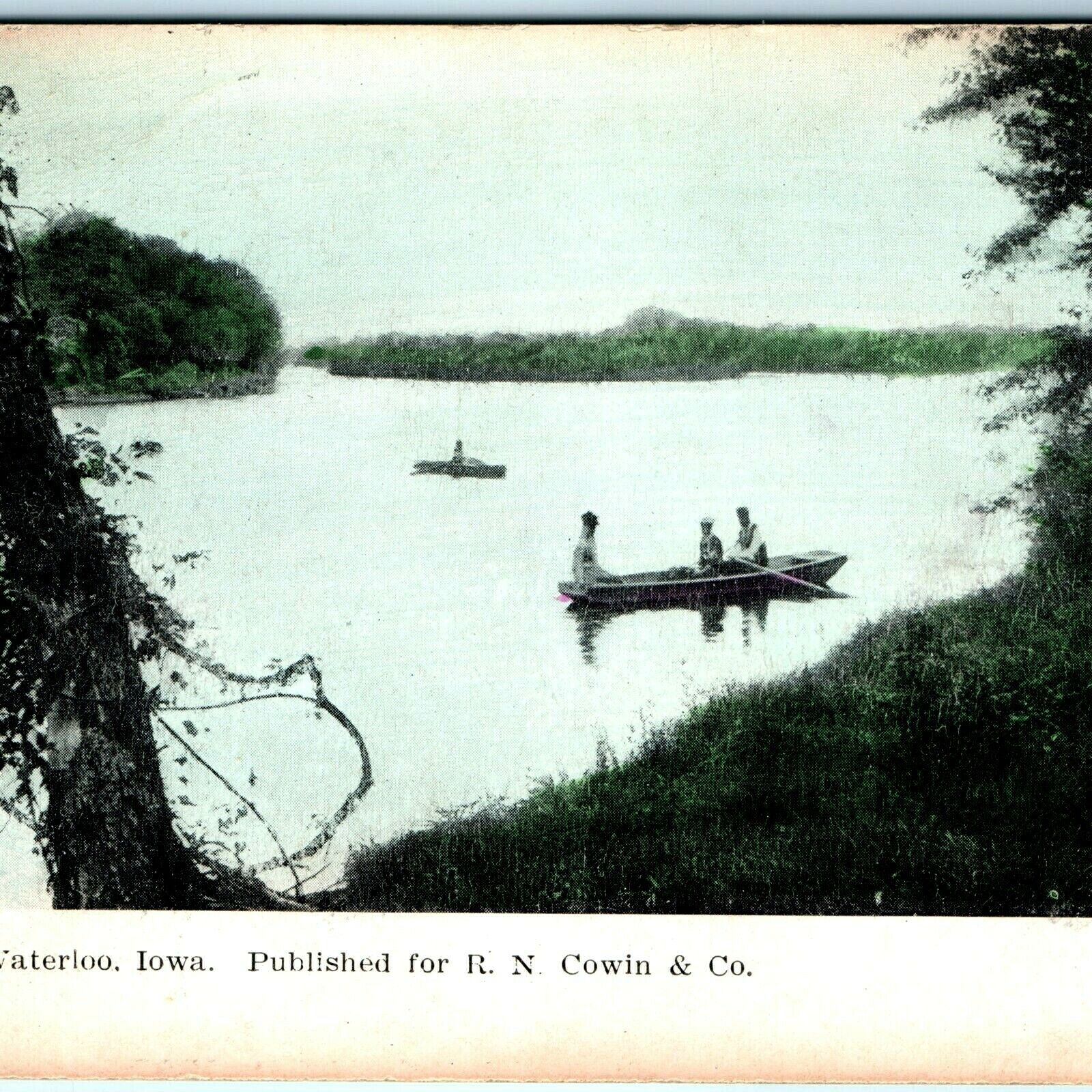c1910s Waterloo IA Boating Cedar River Litho Photo Postcard R.N. Cowin & Co A46