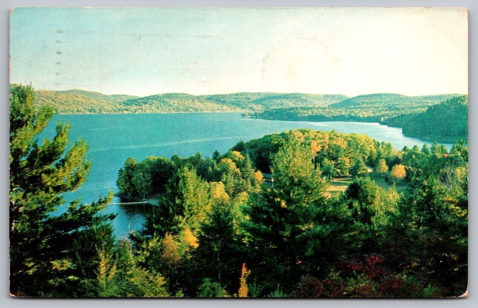 Greetings Maine Vacationland Birds Eye View Lake Mountain Lakefront VNG Postcard