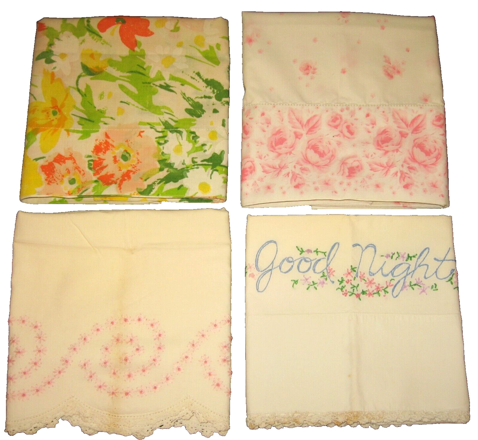 VtG Lot 4 60s Hand Embroidery Cannon Grand Lady Pepperell Floral Pillowcases