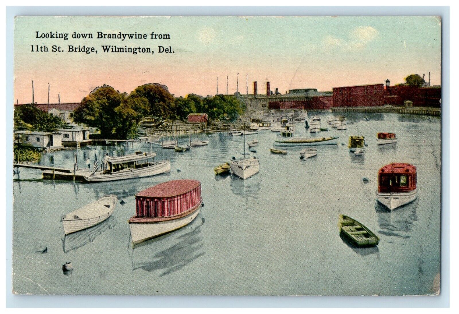 1915 Looking Down Brandywine Boats Wilmington Delaware DE Antique Postcard