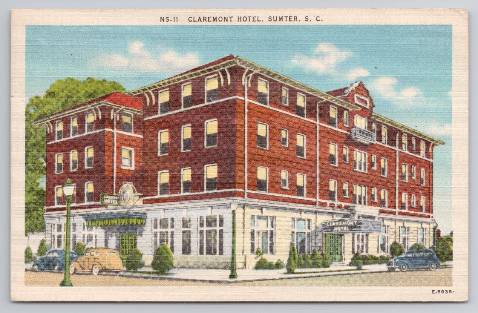 1952 Postcard Hotel Claremont Sumter South Carolina SC Cars