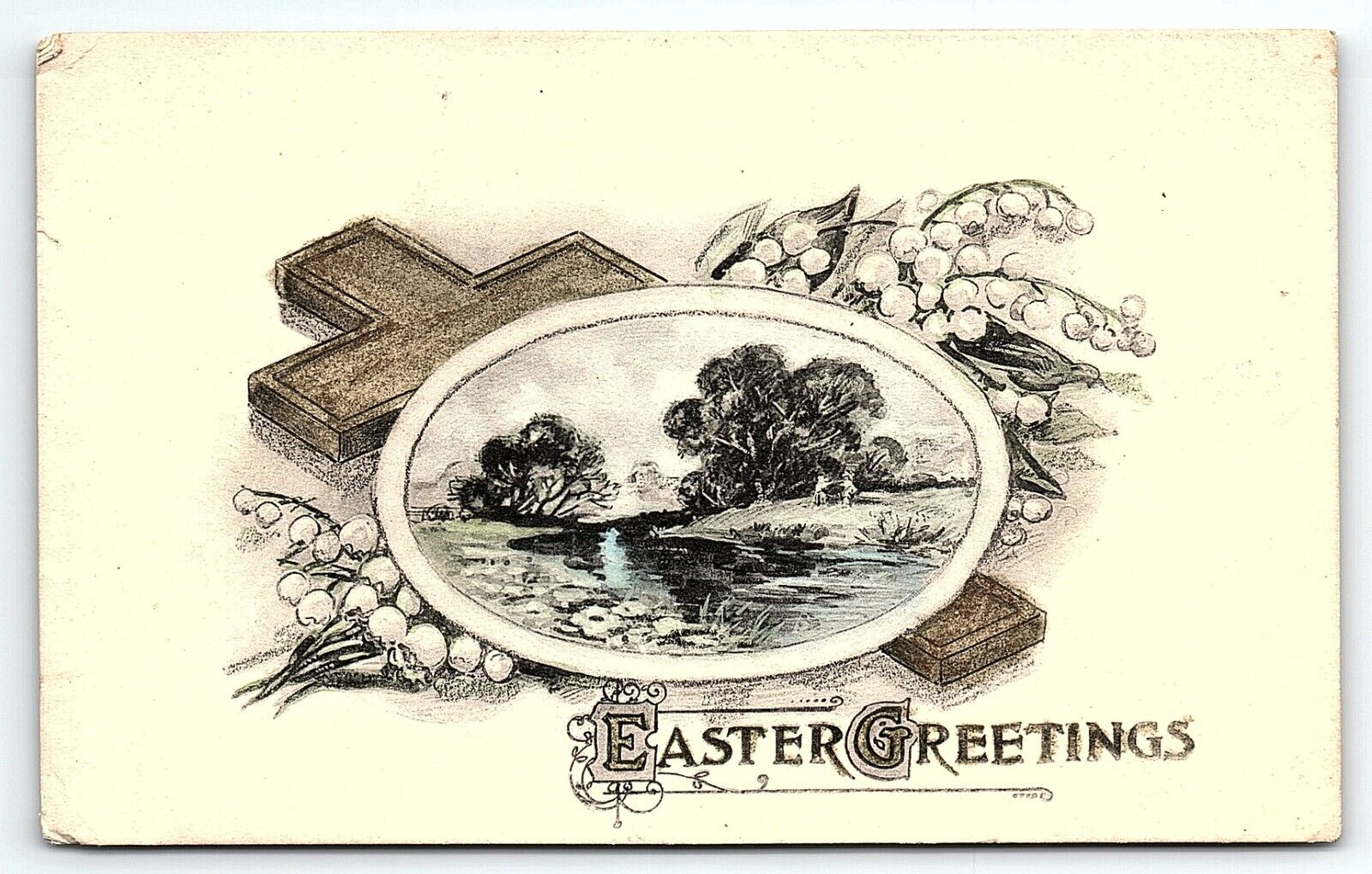 c1910 WEST MEDFORD MASS.  EASTER GREETINGS CROSS LILLIES EARLY POSTCARD P4299