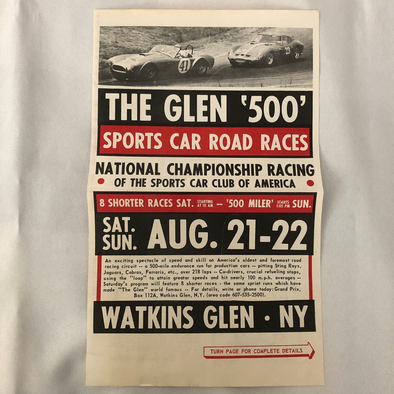 Vintage Watkins Glen Sports Car Road Race Poster Cobra Ferrari 250 SCCA
