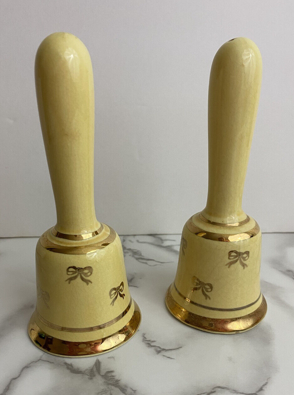 Vintage 1950s Ceramic Bell Salt & Pepper Shakers Yellow w/Gold MCM