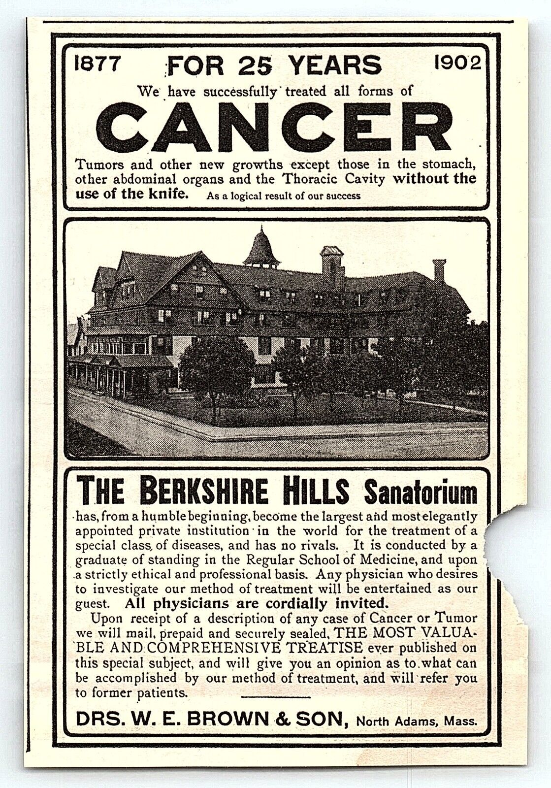 c1910 THE BERKSHIRE HILLS CANCER SANATORIUM W.E. BROWN PRINT ADVERTISEMENT Z3492