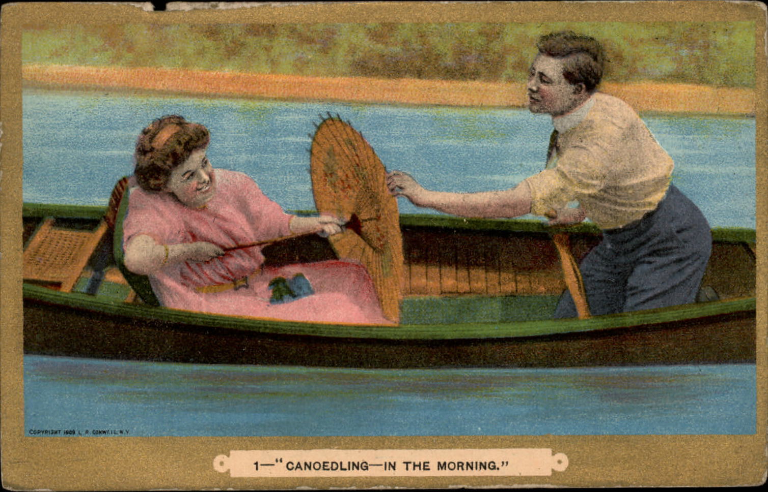 Romantic Couple canoedling morning parasol ~ c1910 vintage postcard sku193