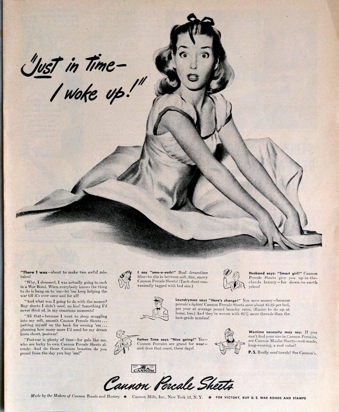 1945 Cannon Percale Sheets Vintage Print Ad A Very Surprised Young Lady