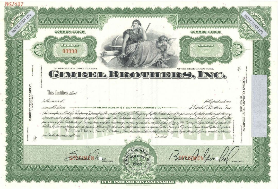 Gimbel Brothers, Inc. - Specimen Stock Certificate - Specimen Stocks & Bonds