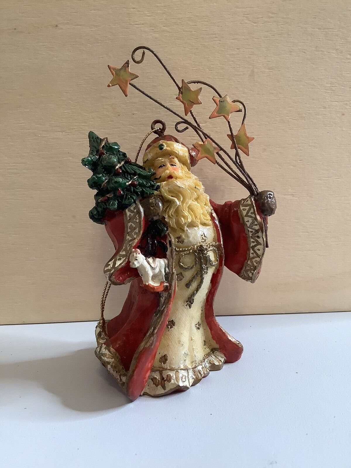 Vintage Santa Claus With Christmas Tree Rocking Horse & Stars Ornament