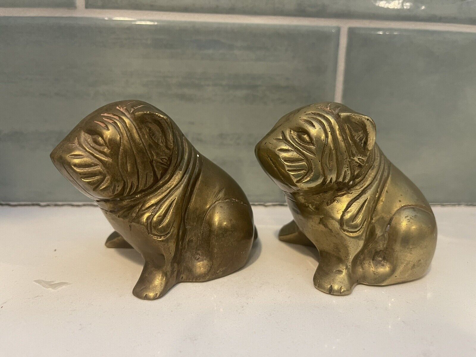 Vintage Brass English Bulldog Gold Heavy Desk Paperweight Puppy Figurine Pair
