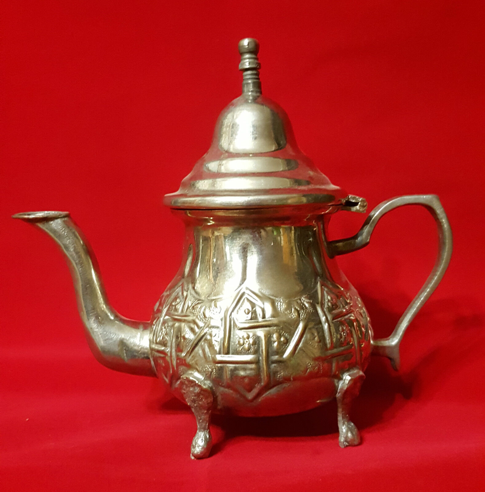 Vintage Moroccan Copper Alpaca Silver Plated Teapot Kettle Fez stamped.