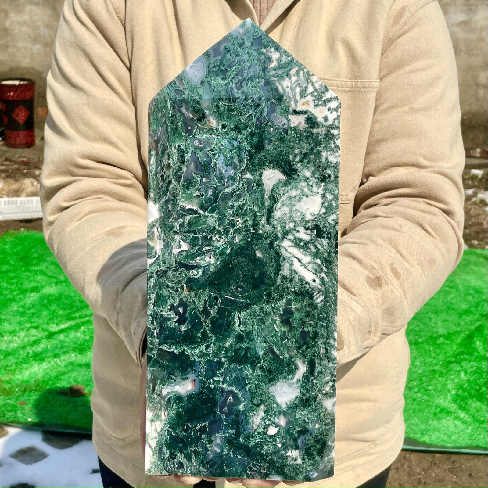 5.18LB Large Natural green druzy moss agate quartz obelisk crystal aura healing