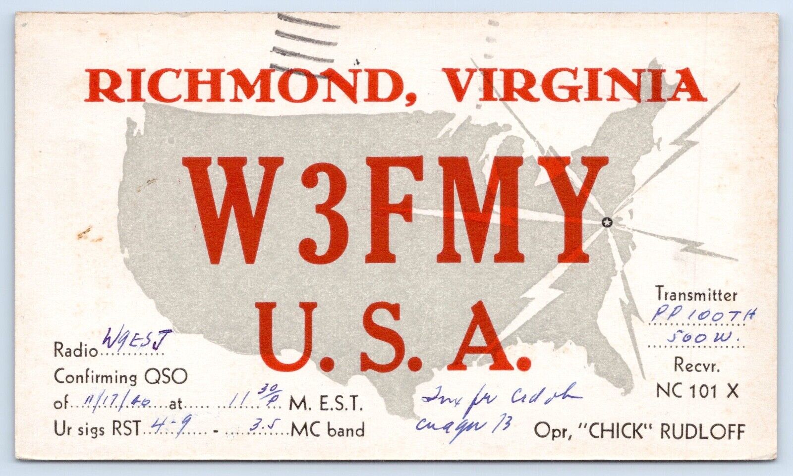 QSL CB Ham Radio Card W3FMY Richmond Virginia VA 1940 Vtg Henrico County Card