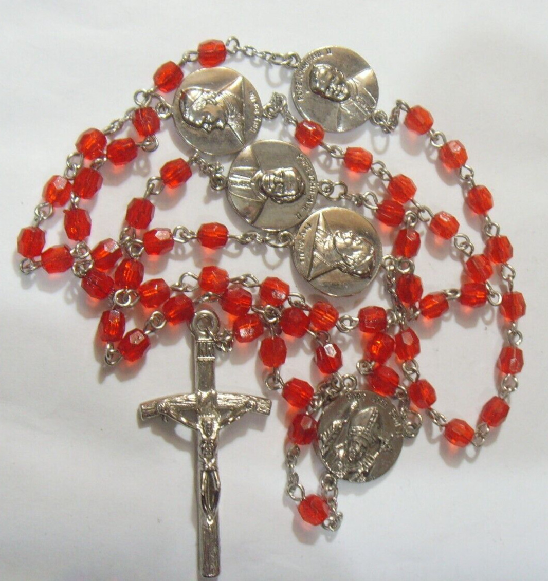 vintg catholic Saint pope john Paul religious rosary faux red garnet beads 52786