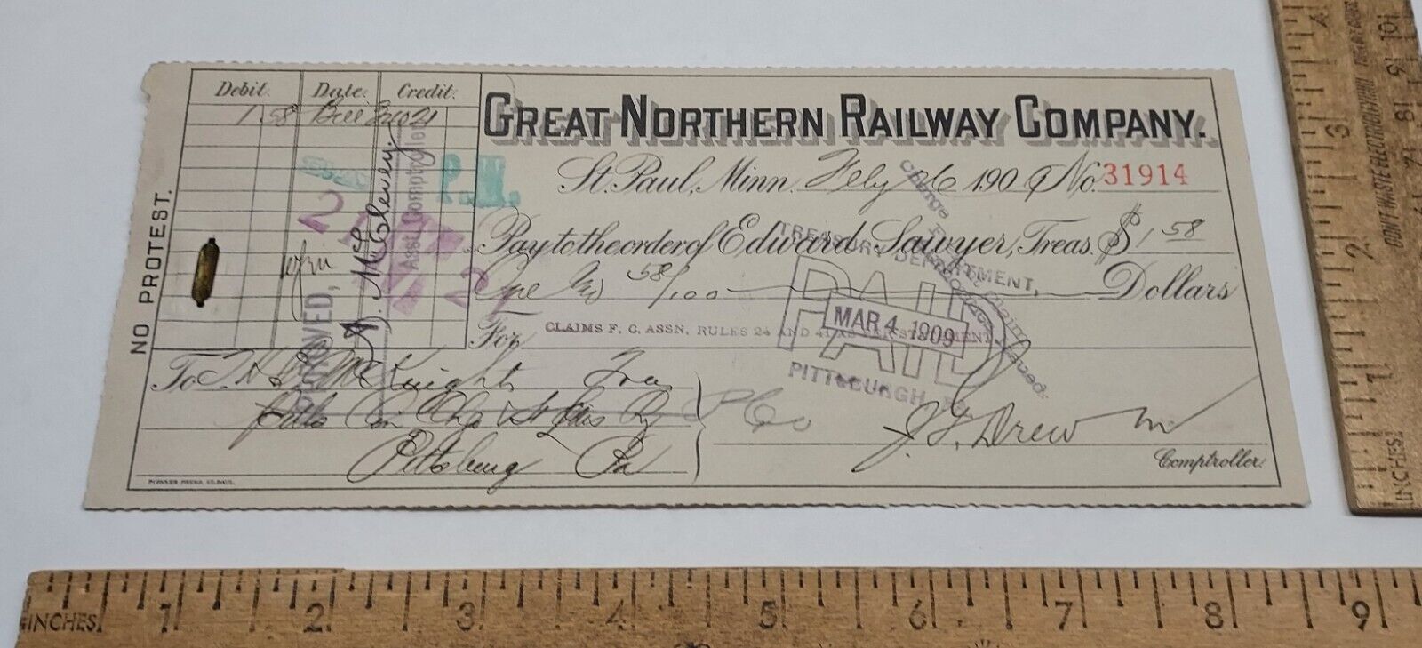 1909 GREAT NORTHERN RAILWAY canceled CHECK/DRAFT w/freight claim - listing #4683