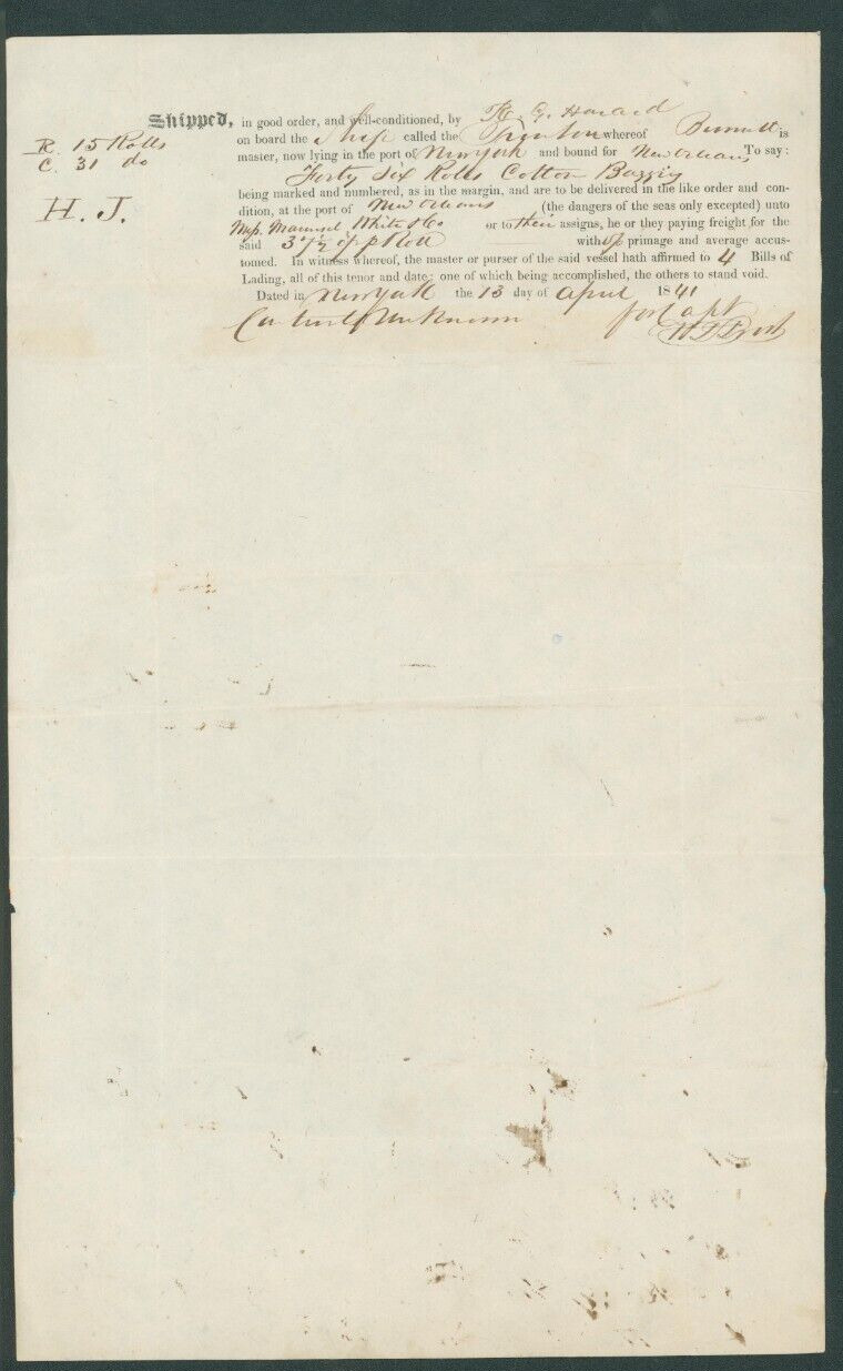 Beautiful shipping document from New York port to New Orleans 1841