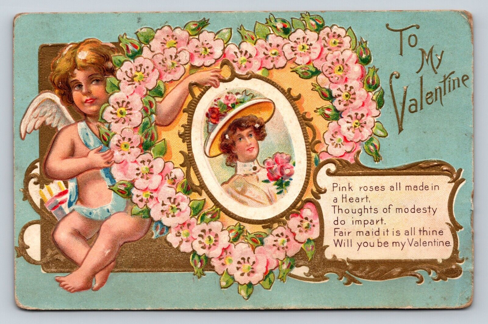 c1912 Valentine’s Day “To My Valentine” Cupid Love ANTIQUE Postcard