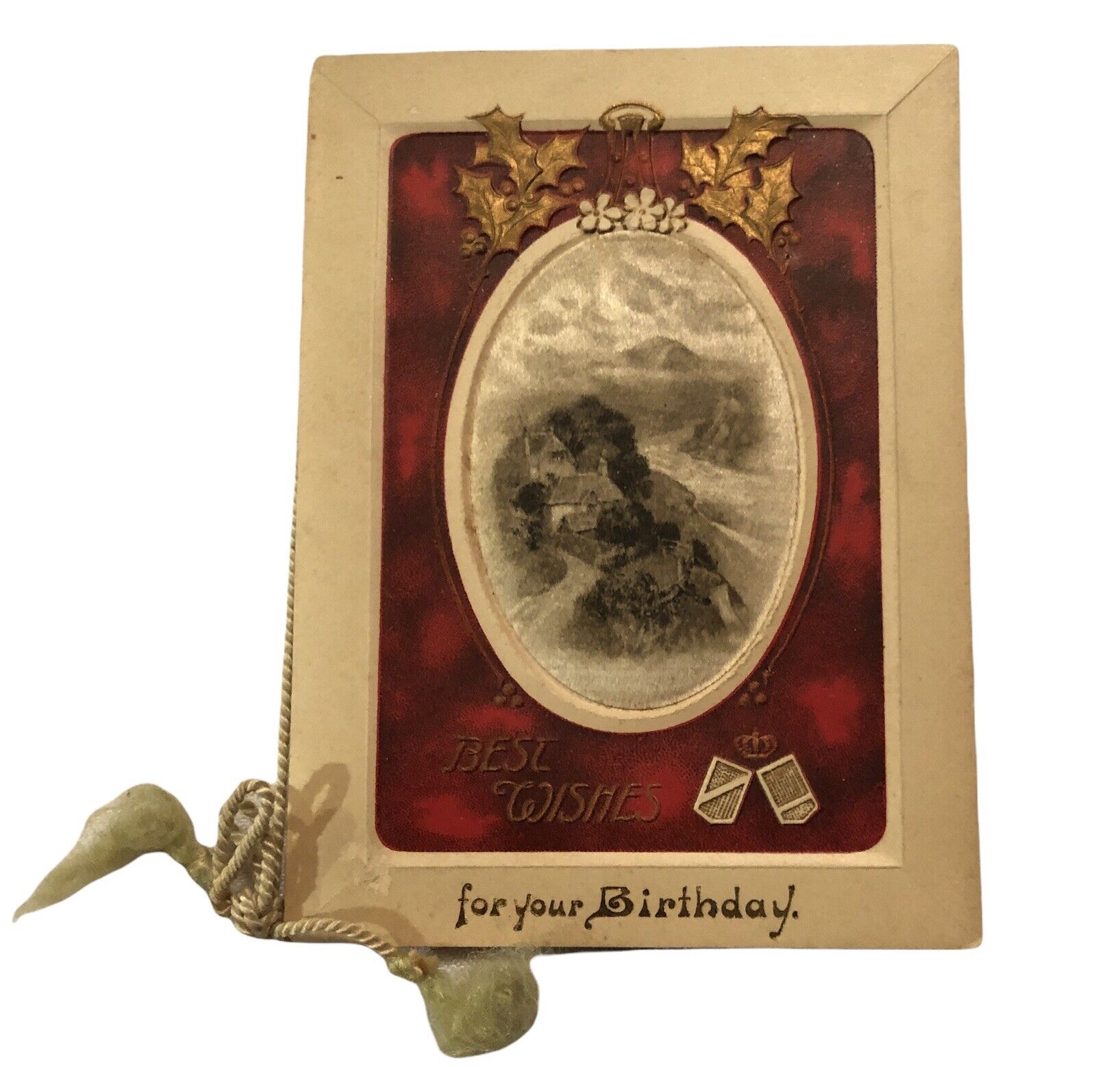 Victorian Era Greeting Card Birthday River Scene Red Gold Cord Tassel 1911 Eph