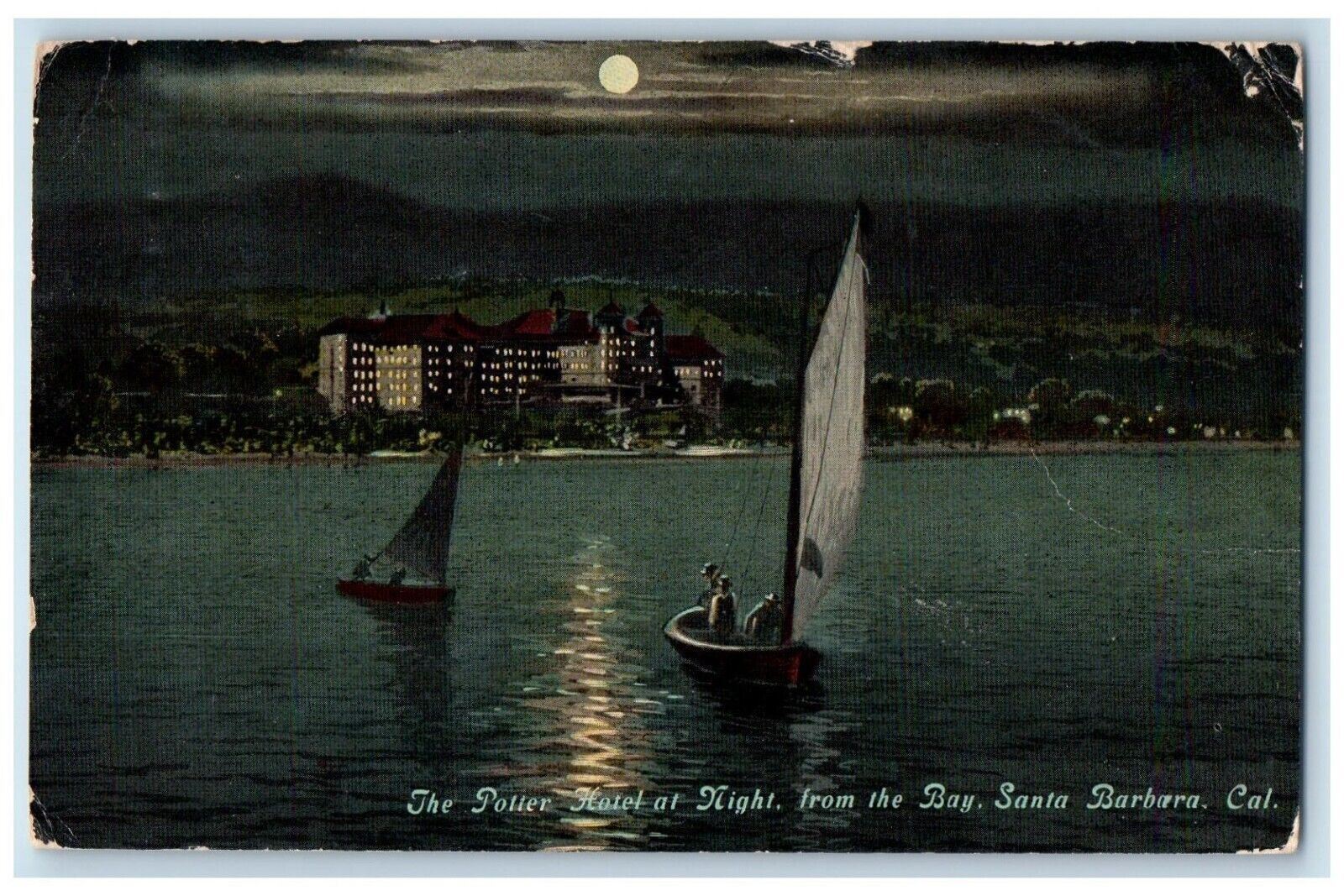 1914 The Potter Hotel At Night From The Bay Boat Moon Santa Barbara CA Postcard