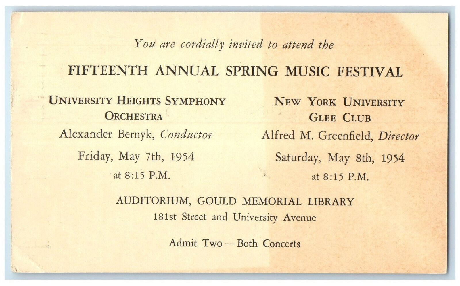 1954 Fifteenth Annual Spring Musical Festival New York City NY Postal Card