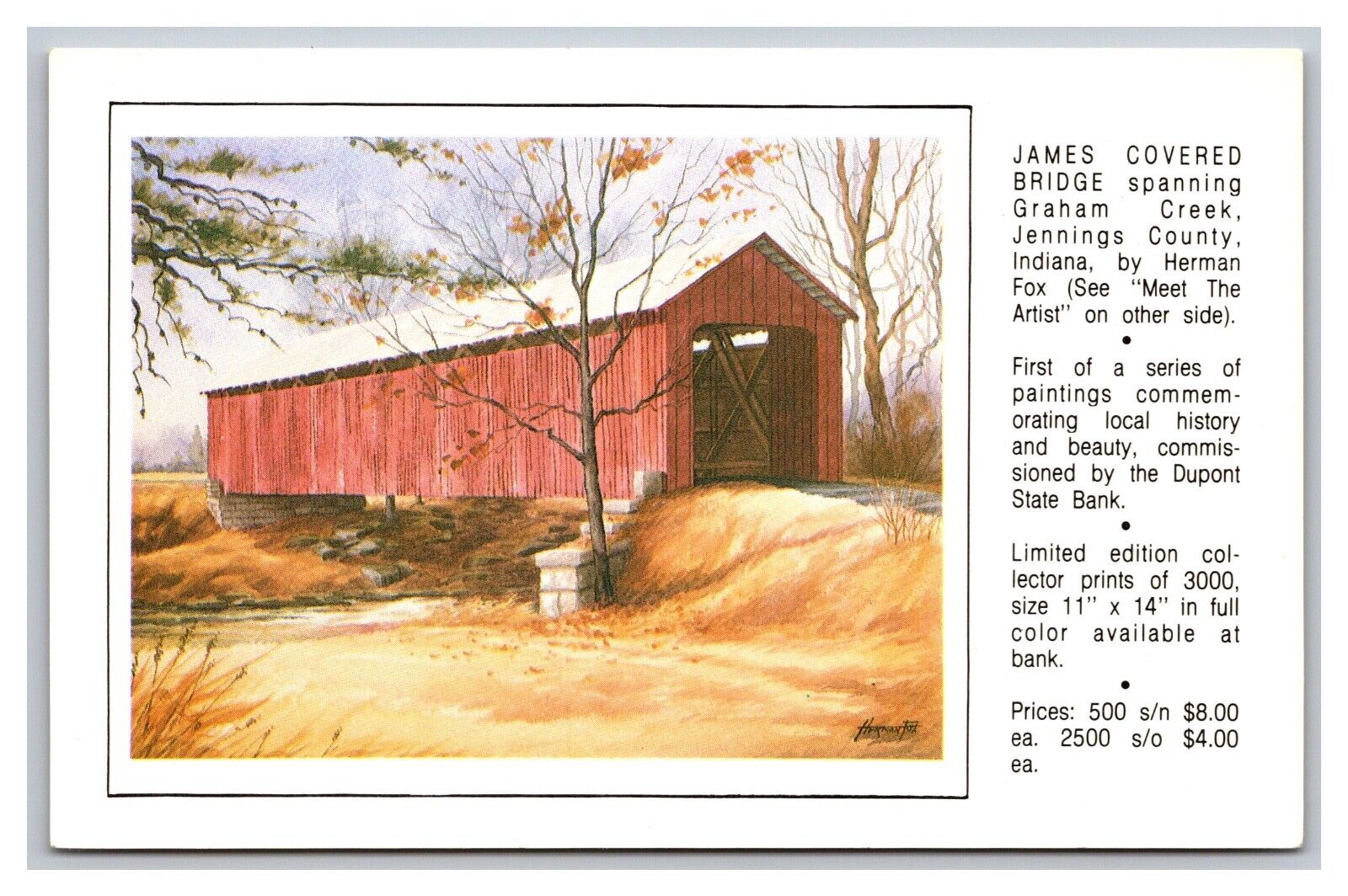 Jennings County Indiana James Covered Bridge Graham Creek by Herman Fox Postcard