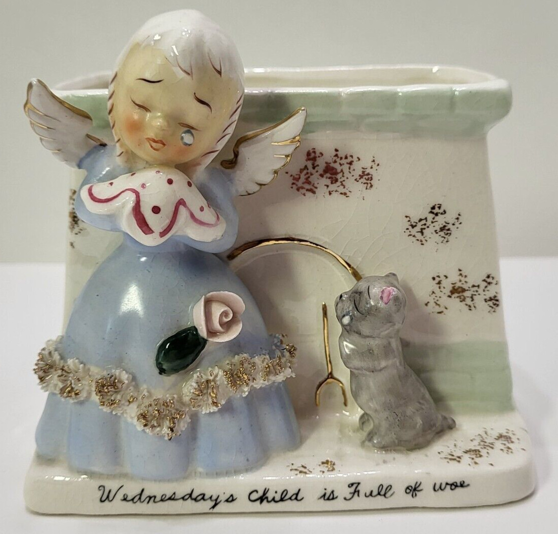 Napco Wednesday\'s Child Figurine Ceramic Planter Crying Angel And Kitten Vintage