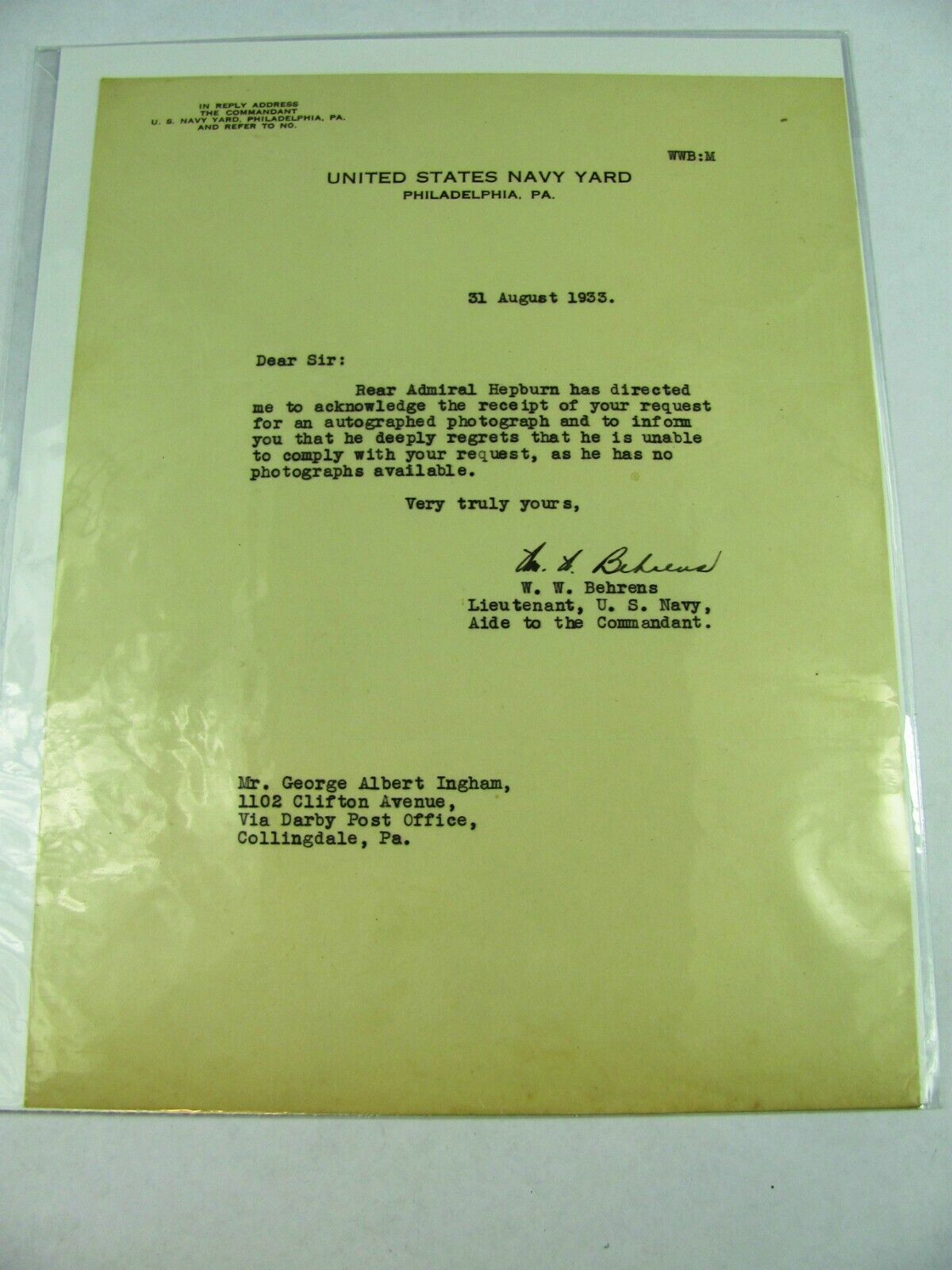 1933 Letter Signature WW Behrens Vice Admiral National Oceanic NOAA USS Balao 