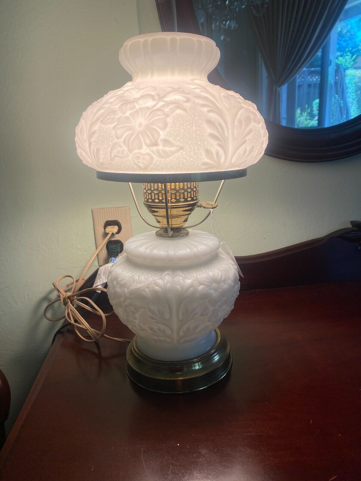 Vintage Fenton Poppy Gone with the Wind Lamp White Milk Glass Hurricane Lamp