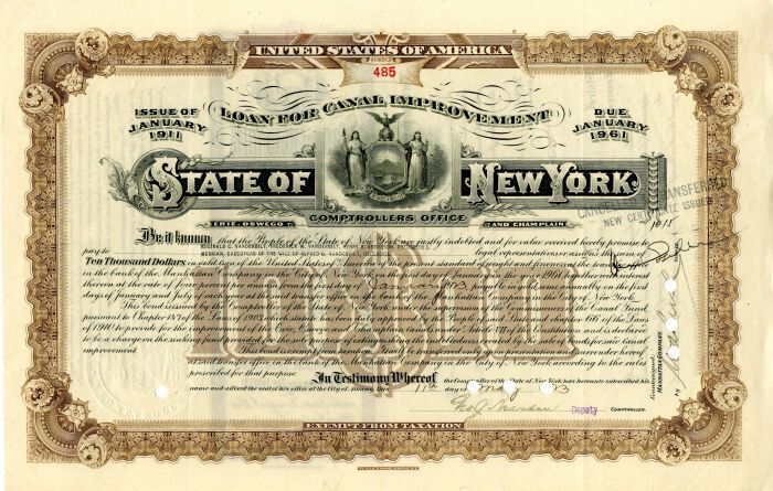 Loan for Canal Improvement State of New York Issued to the will of Alfred G. Van