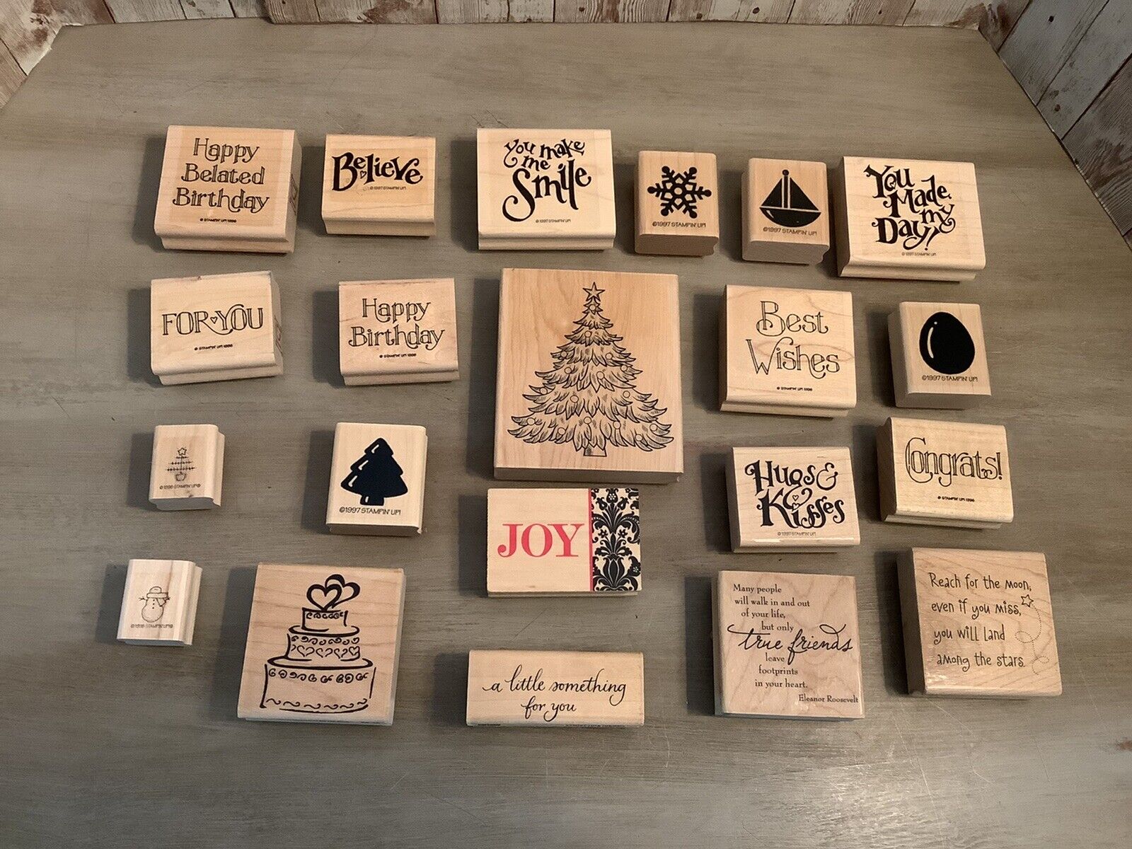 Stampin Up & Others Mixed Lot Of 21 Wood Mount Rubber Stamps Christmas Birthday