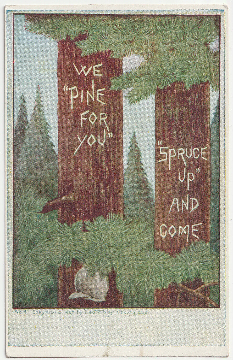 c1900s We Pine For You, Spruce Up VTG Party Invite No 4 Antique Postcard